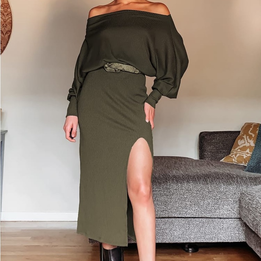Lulus City Street Chic Olive Green Off-the-Shoulder Midi Dress size XS